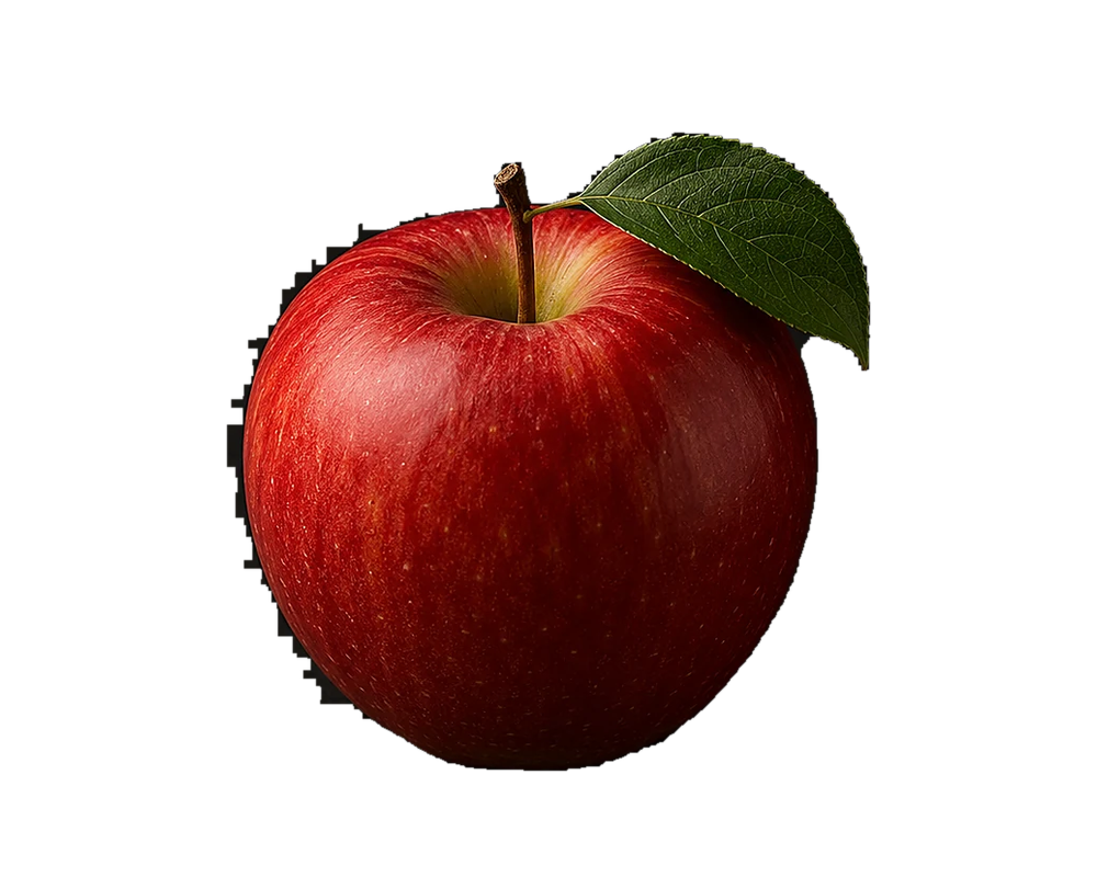 A centred red apple with a green leaf