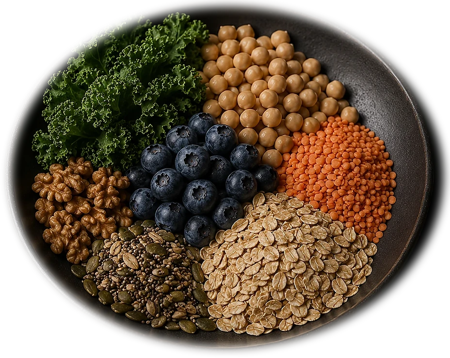 A dark editorial bowl containing oats, chickpeas, blueberries, kale, lentils, seeds and walnuts