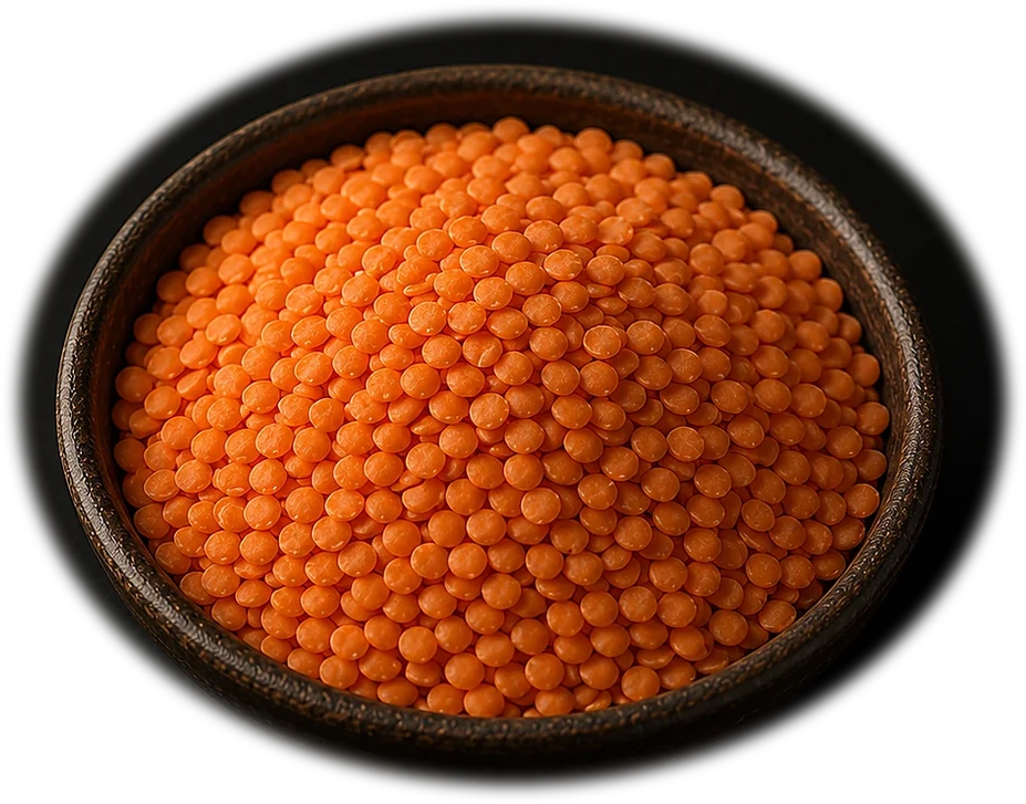 Red lentils in a dark ceramic bowl